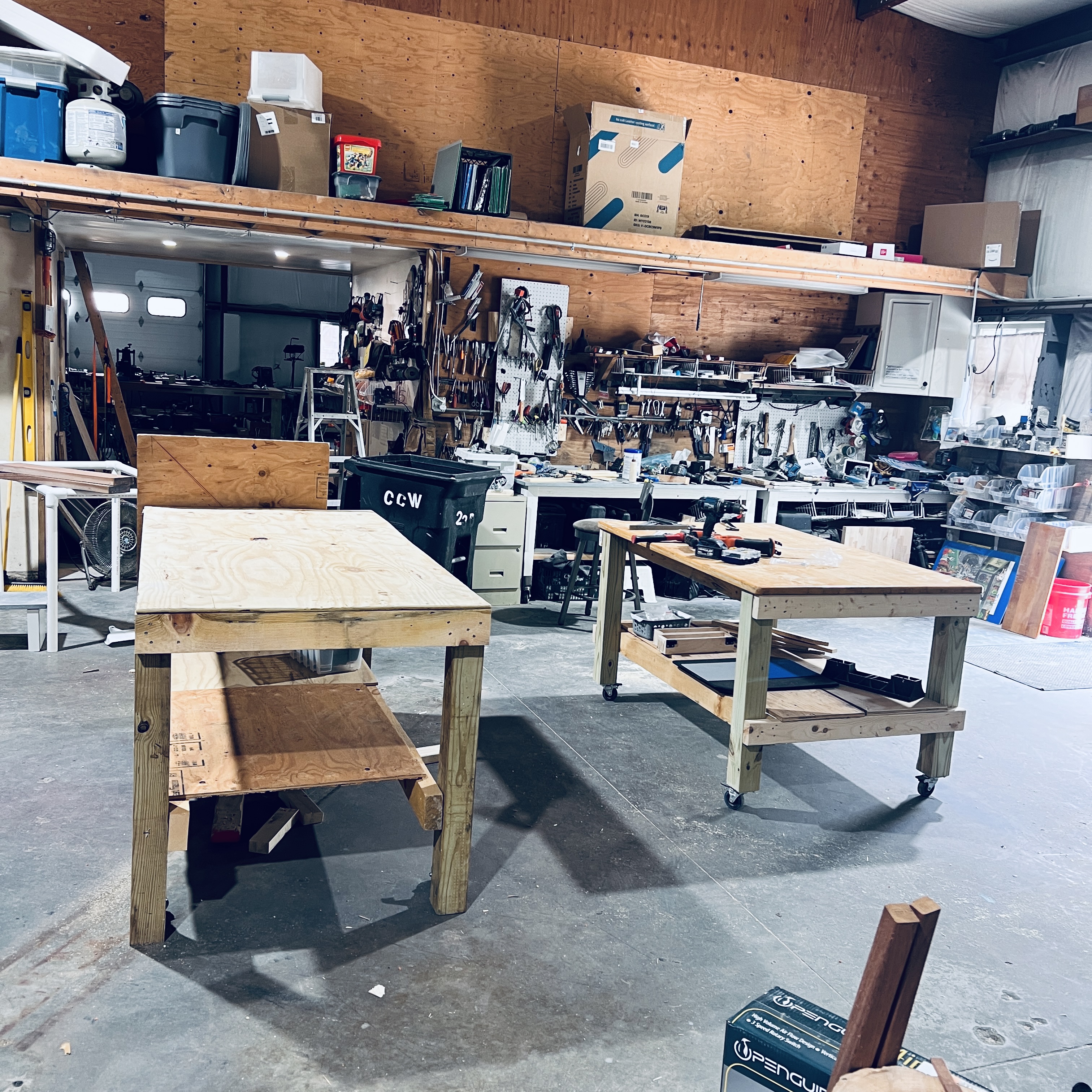 Handcrafted signature wood workbench in the foundation shop